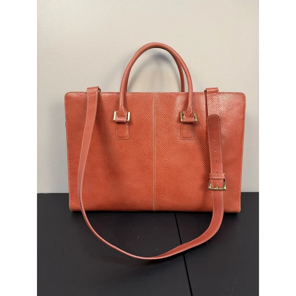 Franklin Covey Briefcase Crossbody Bag Lizard Embossed Pink Coral Leather Laptop